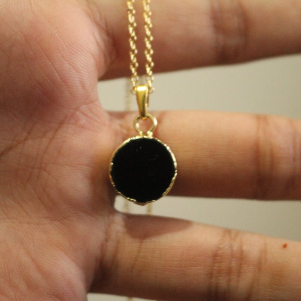 Black Druzy Round Stone Pendant Necklace – Gold Trim - Picture 3 of 5